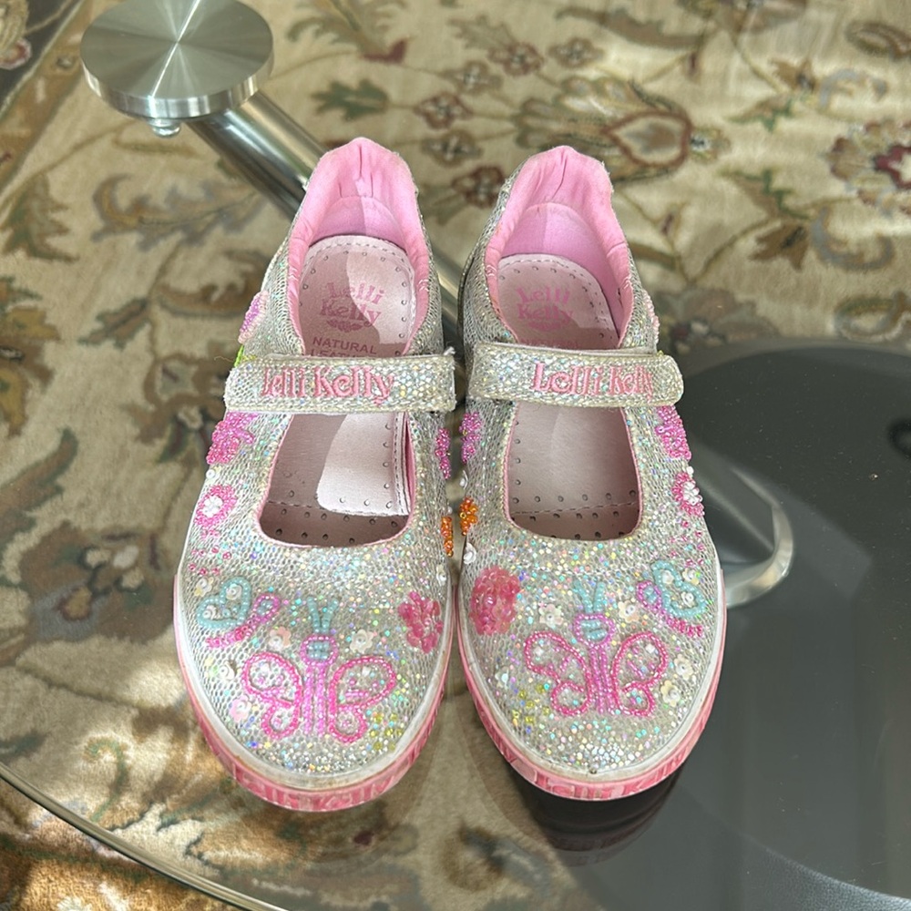Girls Lelli Kelly Silver/Pink butterfly shoes.